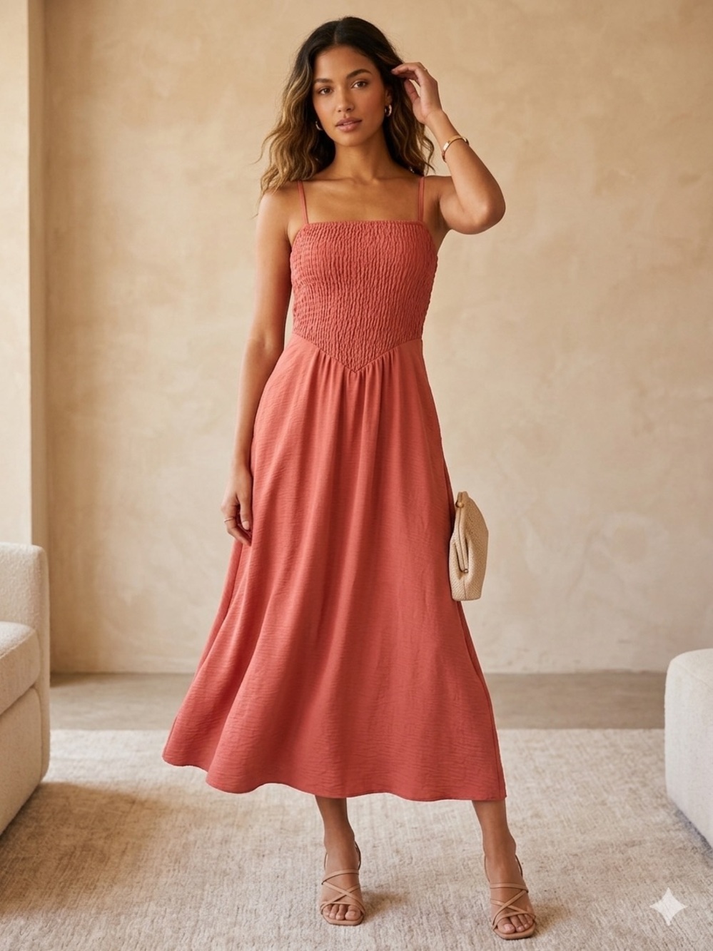 Delirious Terracotta Smocked Midi Dress